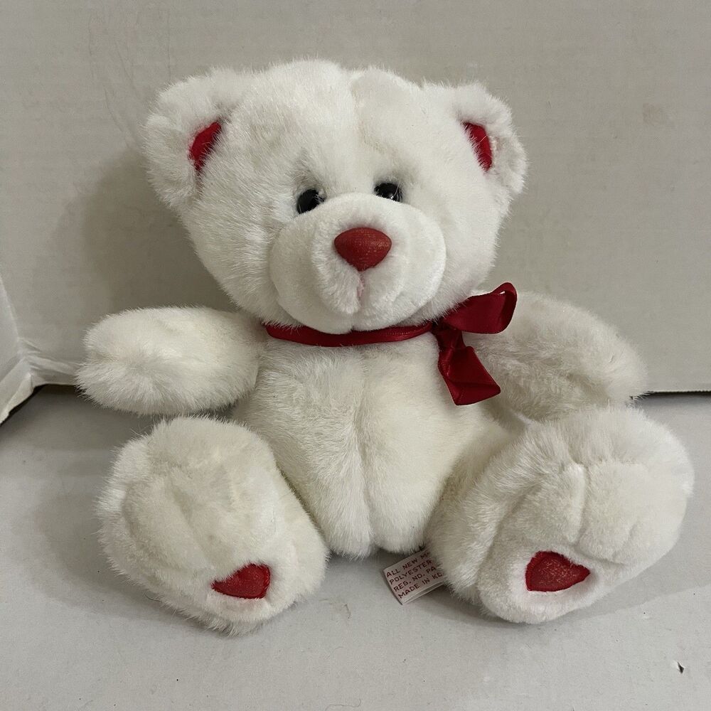Vintage Mervyn's White Teddy Bear Plush Red Nose Hearts Feet Ribbon 8" Valentine